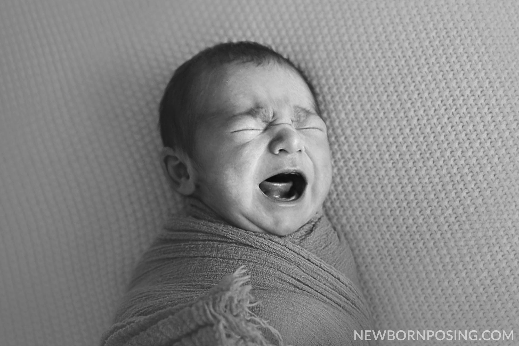 understanding newborn posing, image shows crying baby,