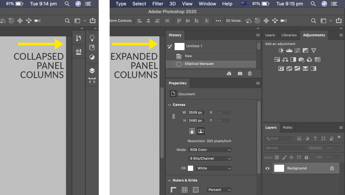 photoshop workspace - panels in columns