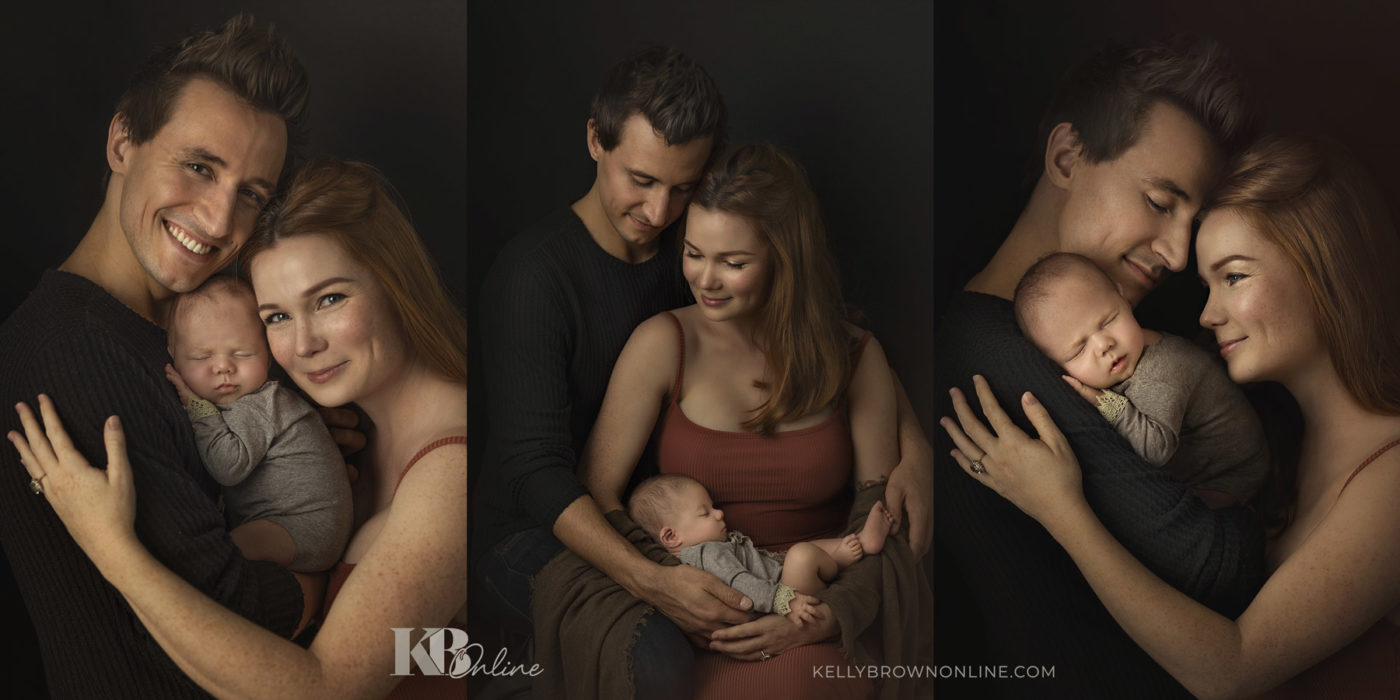 dark moody newborn with parents photography by kelly brown