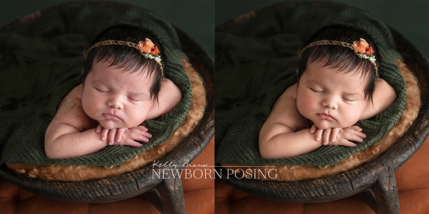 Before and after of retouched newborn baby skin, removing dry flaky areas. 